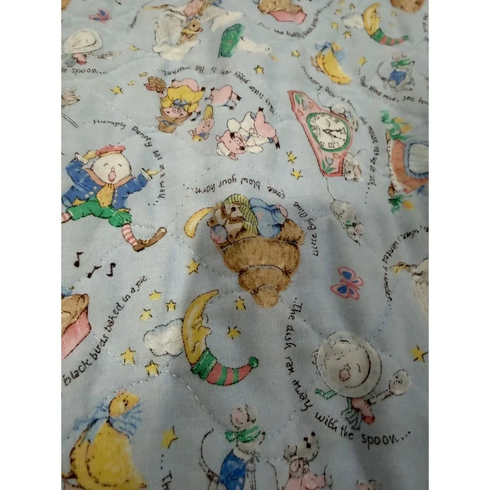 Vintage Mother Goose Nursery Rhyme Baby Quilt Blanket Reversible Mint Green Blue
